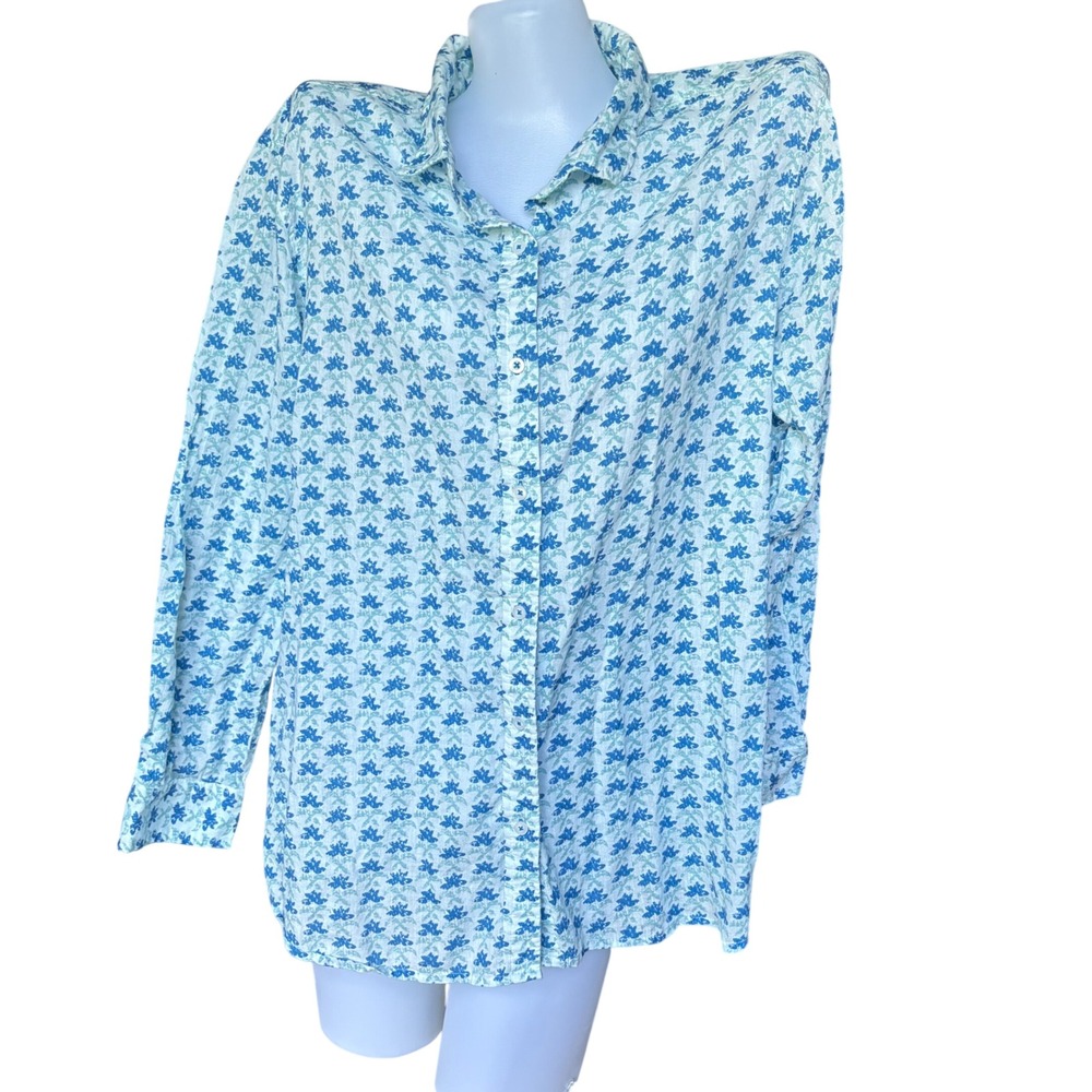 ♾️Rock Flower Paper Blue Floral Cotton Button Up Shirt Long Sleeve Coastal L♾️